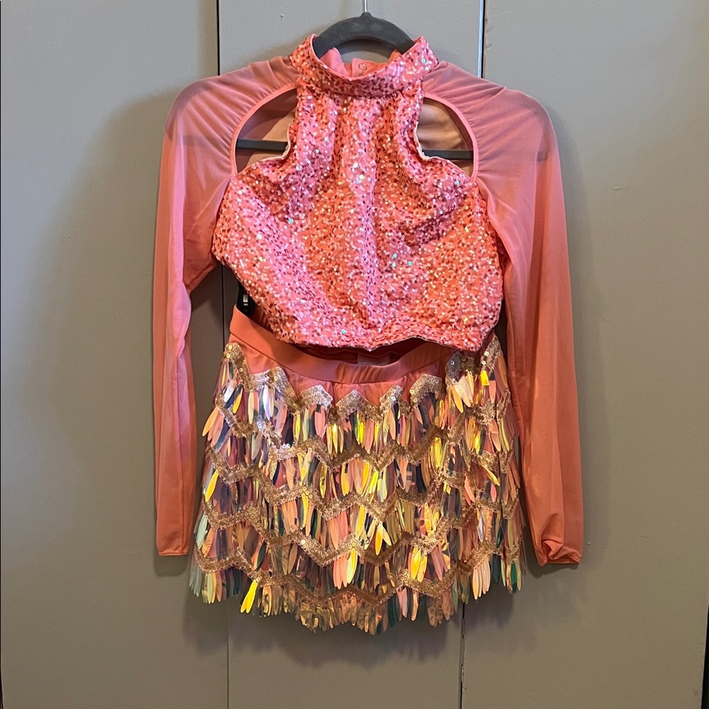 Vibrant Pink Sequin Mini Skirt and top Dance Costume